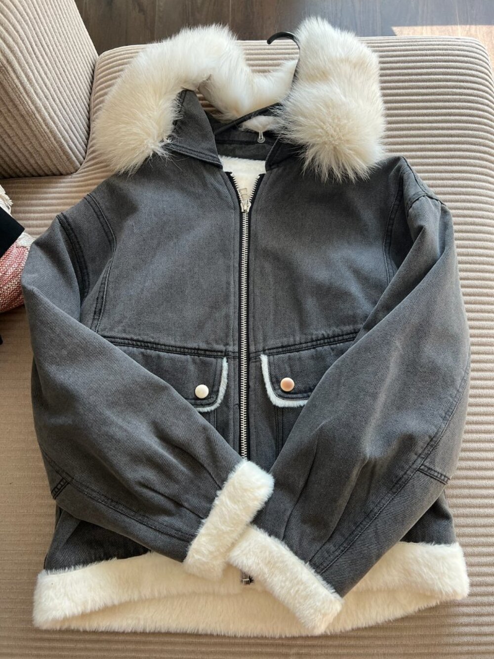 Grey Denim Jacket with Fleece Lining & Fur Hood – Size M